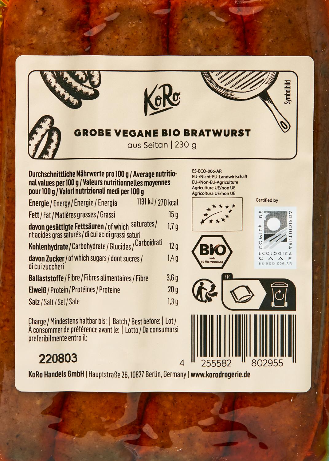 Grobe vegane Bio Bratwurst 230 g