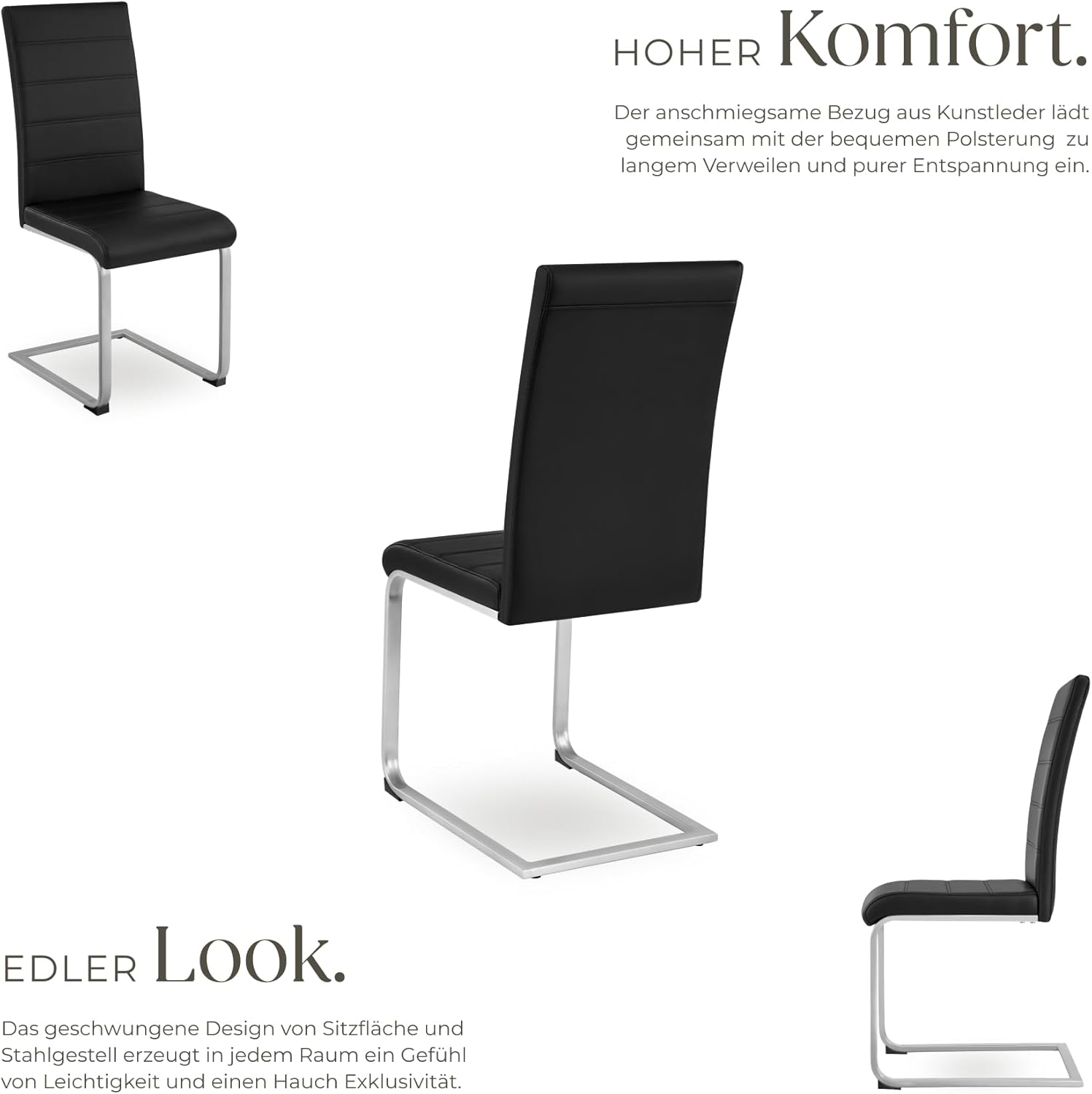 tectake Freischwinger Schwingstuhl, Stuhl 6er Set, Moderne Esszimmerstühle oder Küchenstühle mit strapazierfähigem Kunstleder Bezug - schwarz