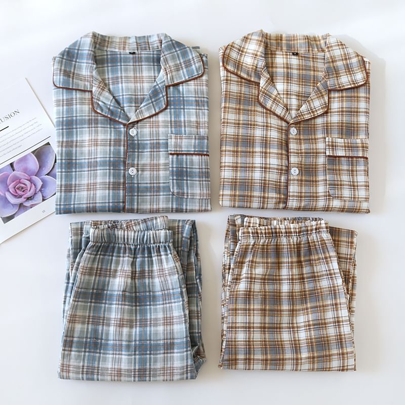 MelMount - Pyjamaset: geruite top met lange mouwen + broek