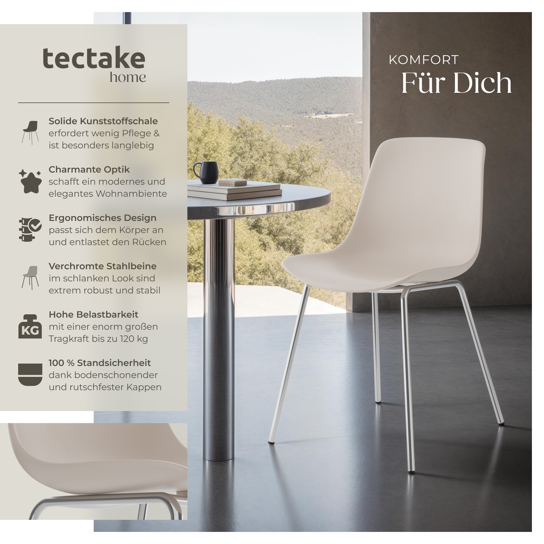 tectake® Kunststoffstuhl, große Kunststoffschale, schlanke Stahlbeine, 46 x 55 x 80,5 cm