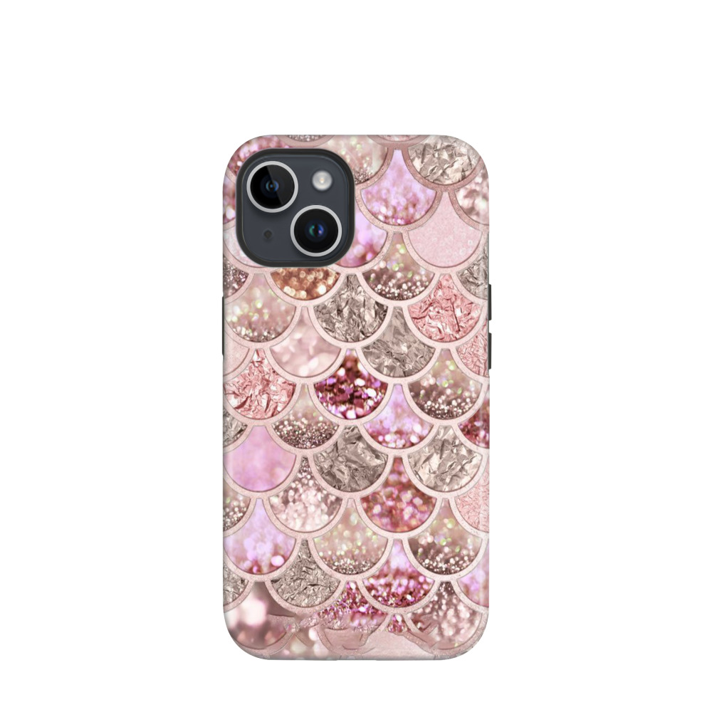 iPhone 14 Hybrid (Kunststoff / Gummi) Hülle Glitzerschuppen - Rosegold