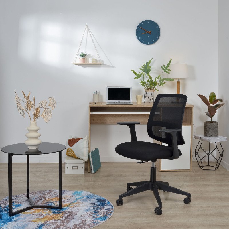 Chaise de bureau Douglas tissu et maille noir - dossier bas accoudoirs - mécanisme Haut/bas - pieds noir