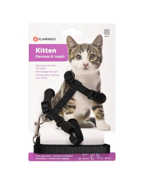 Flamingo Kittenharnas + Lijn Ziggi - Kattentuigje - Zwart 120cm 10mm