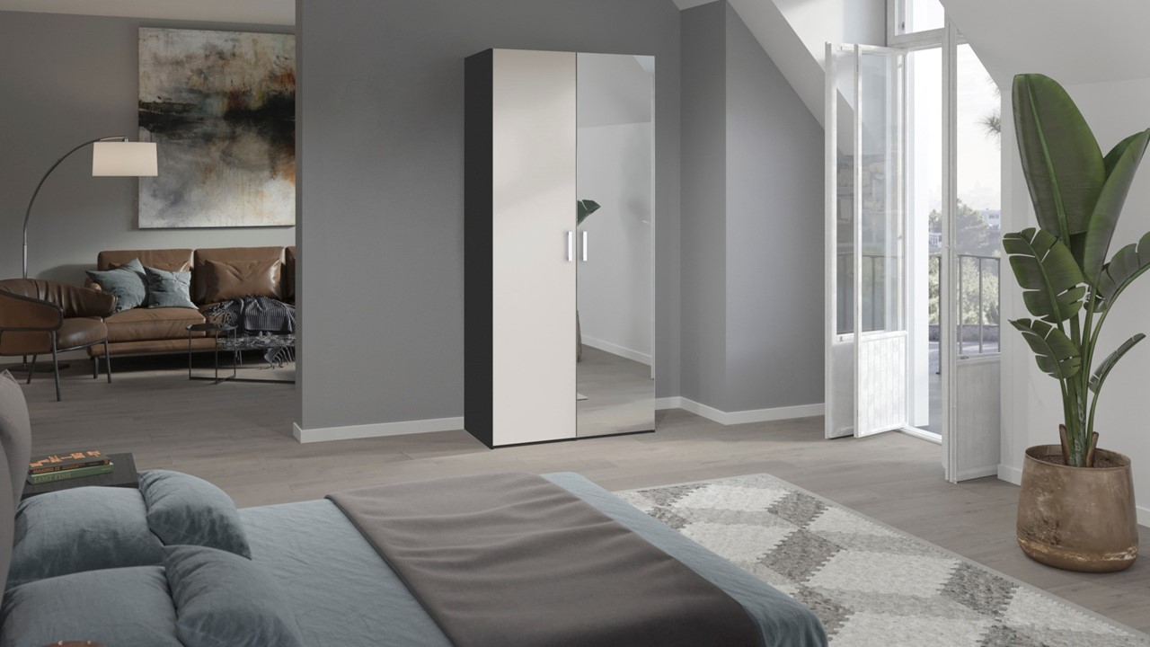 Draaideurkast Compact met hout- en spiegeldeuren zwart/wit