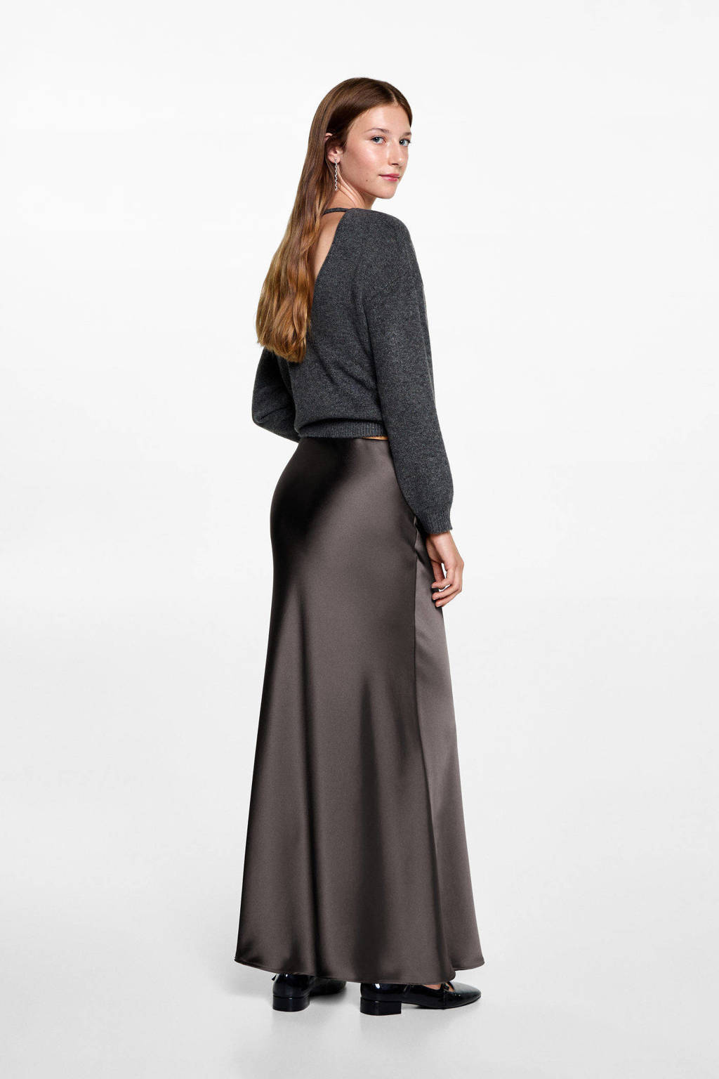 MANGO TEEN satijnen maxi rok grijs