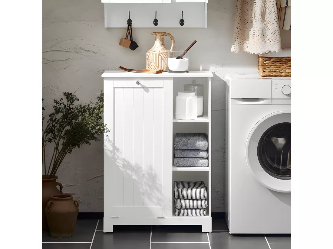 SoBuy BZR105-W Armoire à Linge avec Sac à Linge avec 3 étagères et 1 Panier à Linge Amovible