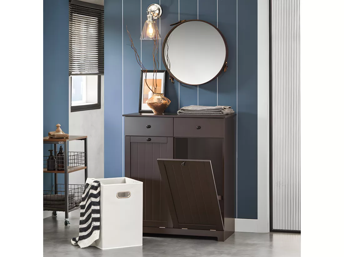 SoBuy Meuble Bas de Salle de Bain Armoire Toilette avec 2 Tiroirs et 2 Paniers à Linge Meuble de Rangement Coffre à Linge L78xP38xH91cm, Marron, BZR33-BR