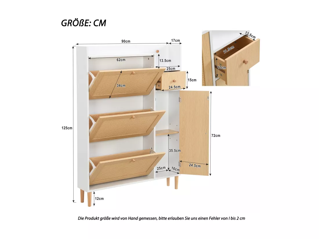 Meuble à chaussures 3 portes abattants et 1 tiroir dim. 90L x 17L x 125H cm aspect bois effet cannage rotin coloris blanc + chêne