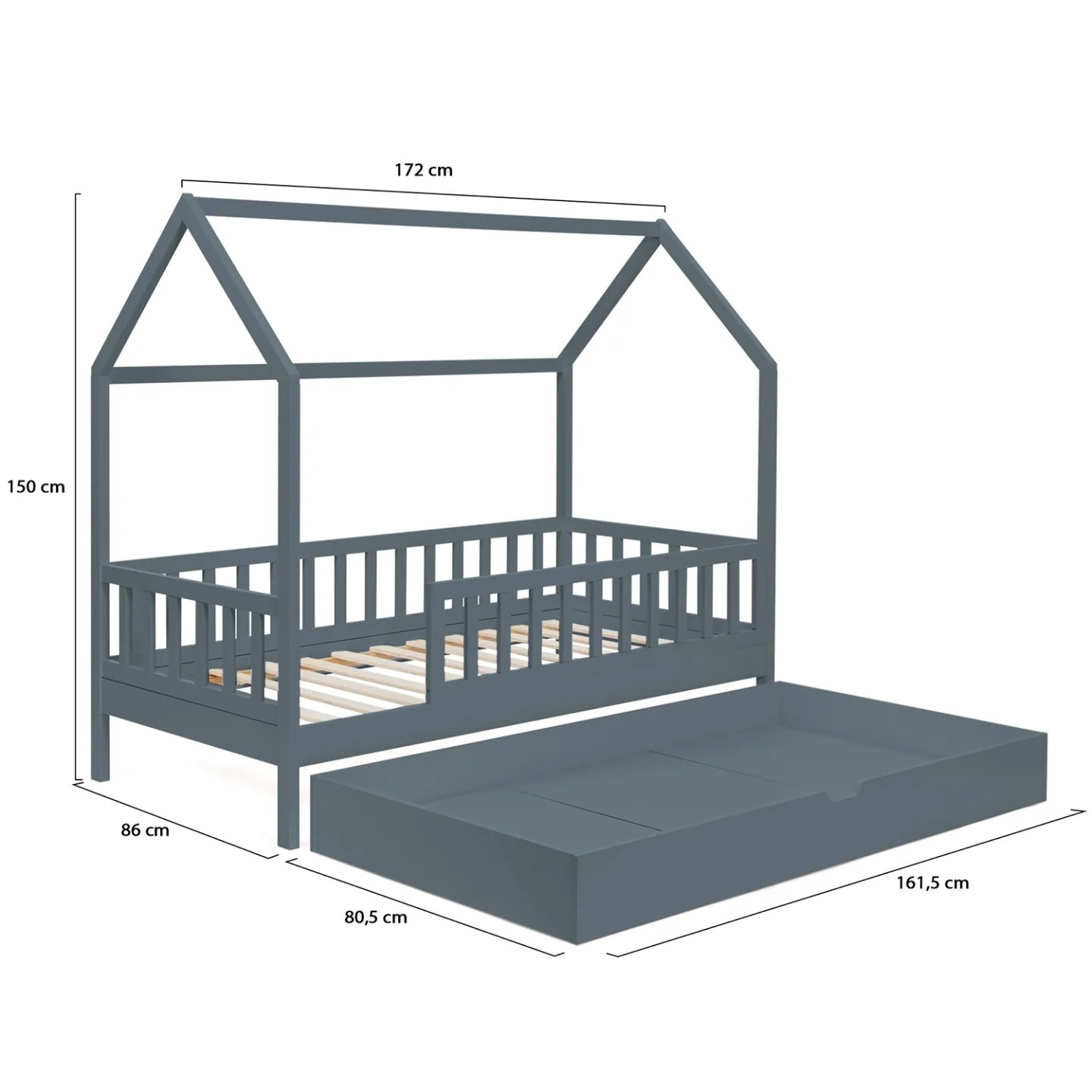 Lit cabane enfant 80 x 160 CM NEREE gris avec 1 tiroir gigogne et de rangement