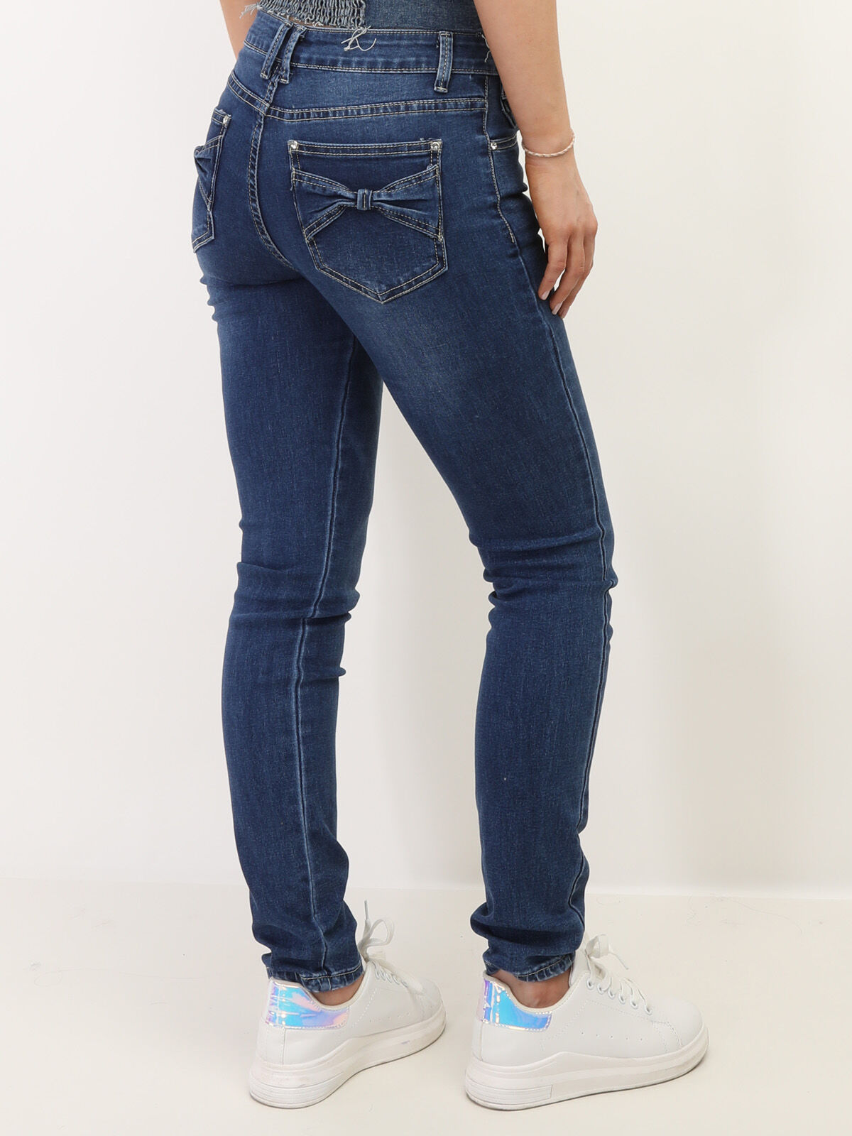 Jeans skinny avec nœuds sur les poches- Bleu foncé