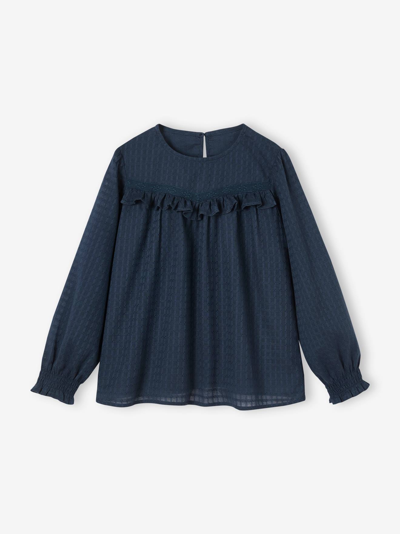 Blusa azul marinho com babados e efeito texturizado para meninas