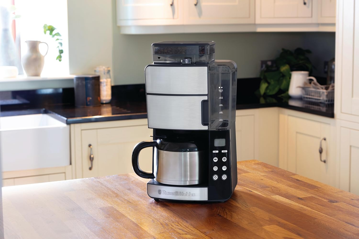 Russell Hobbs Kaffeemaschine mit Mahlwerk Thermokanne [Digitaler Timer, Brausekopf für opt. Extraktion & Aroma] Grind&Brew (1-10 Tassen, 3-stufige Mahlgradeinstellung) Filterkaffeemaschine 25620-56