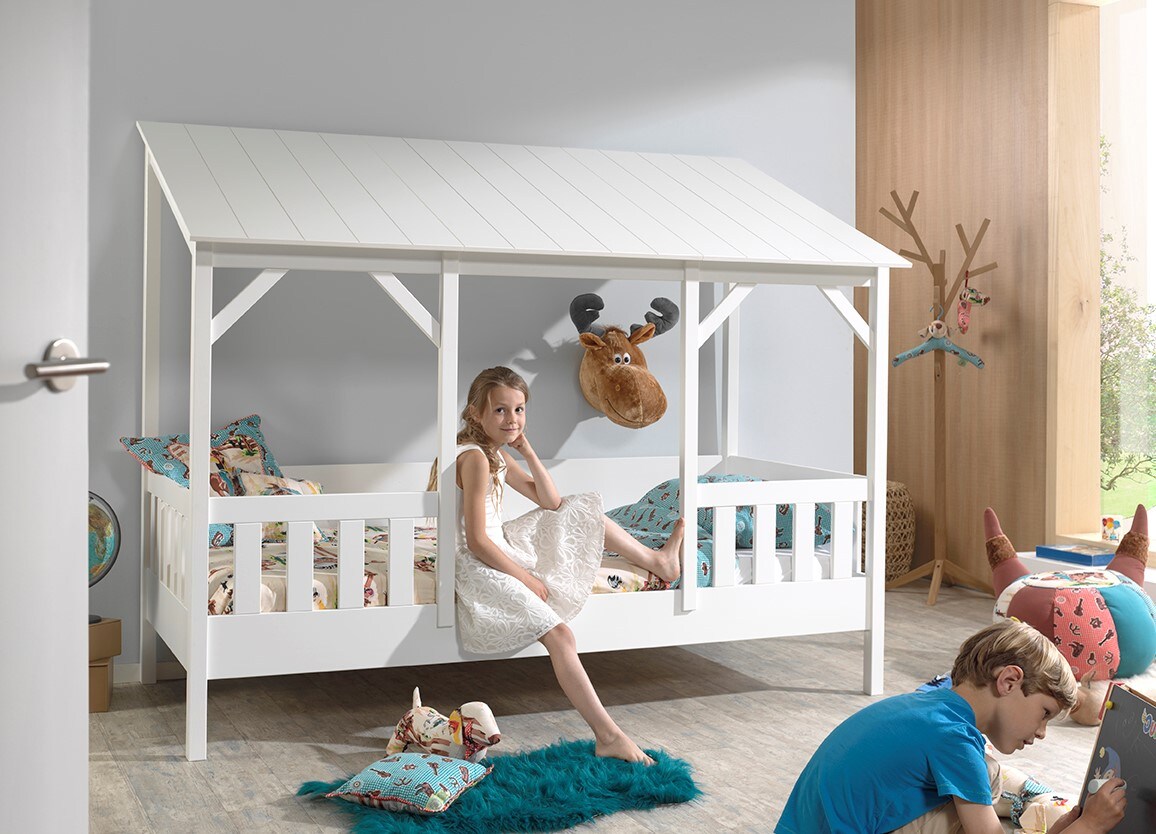 Hausbett mit 90 x 200 cm Liegefläche, Dach in Weiß