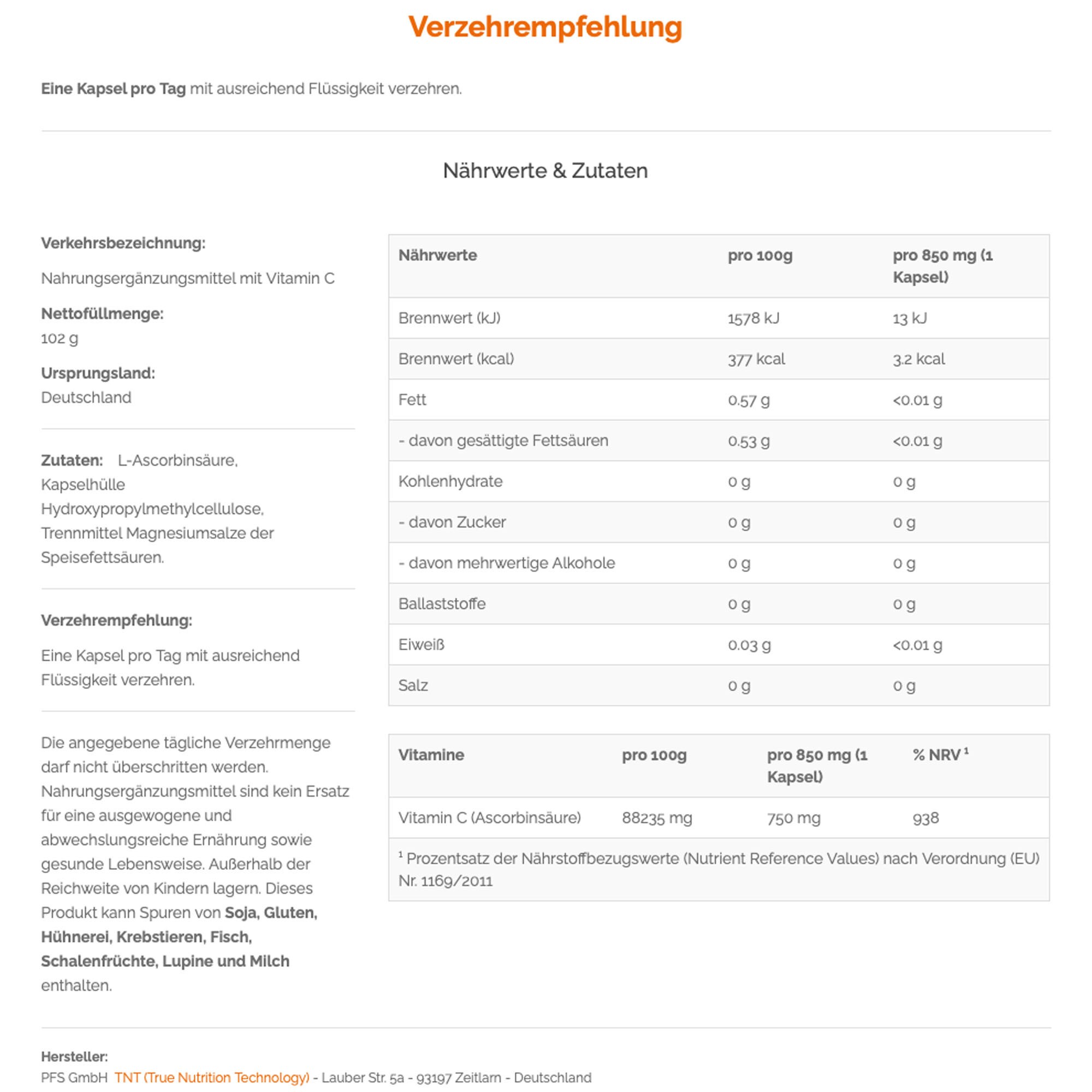 TNT Vitamin C (750mg) hilft dem Immunsystem, mindert Müdigkeit und Erschöpfung