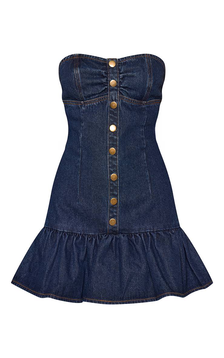 Bleu Indigo Robe Mini En Denim Plissée À Bustier Avec Détail Boutons