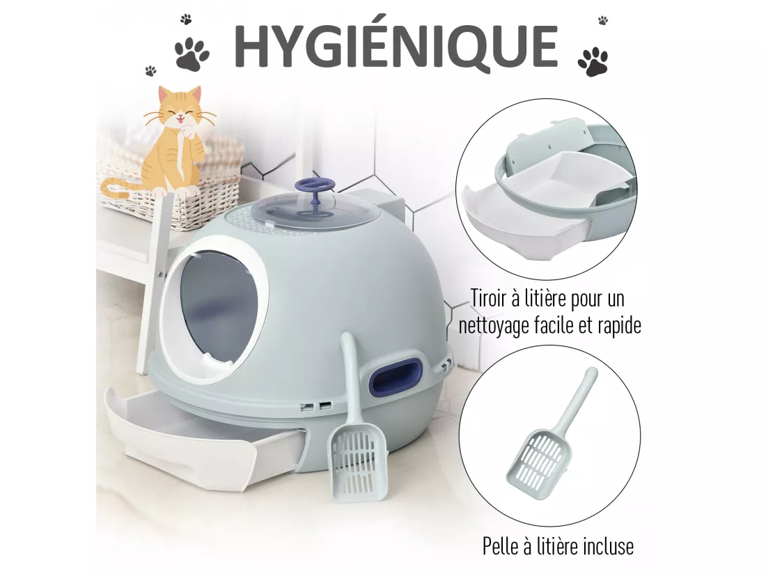 Maison de toilette portable pour chat tiroir à litière coulissant porte battante lucarne + pelle fournis dim. 47L x 55l x 44H cm bleu