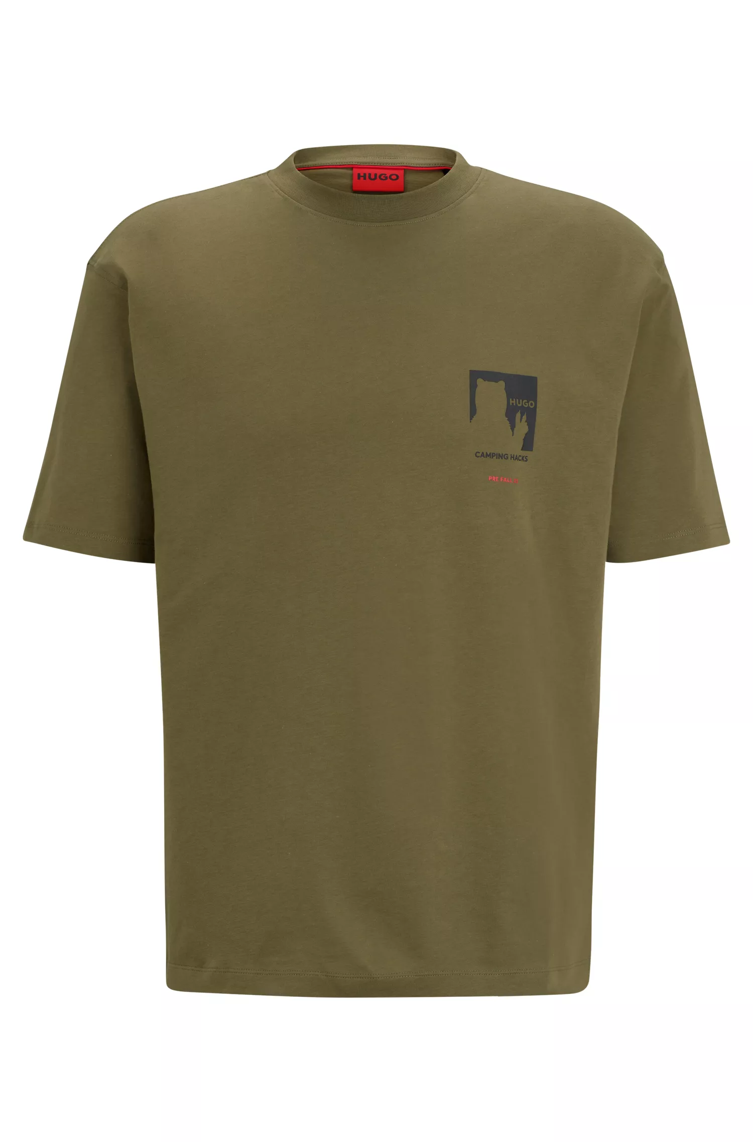 Camiseta HUGO vermelha em malha de algodão com estampas de rabiscos.