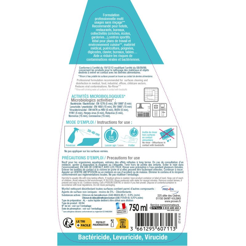 Désinfectant toutes surfaces Wyritol Professional Desinfection - Spray de 750 ml