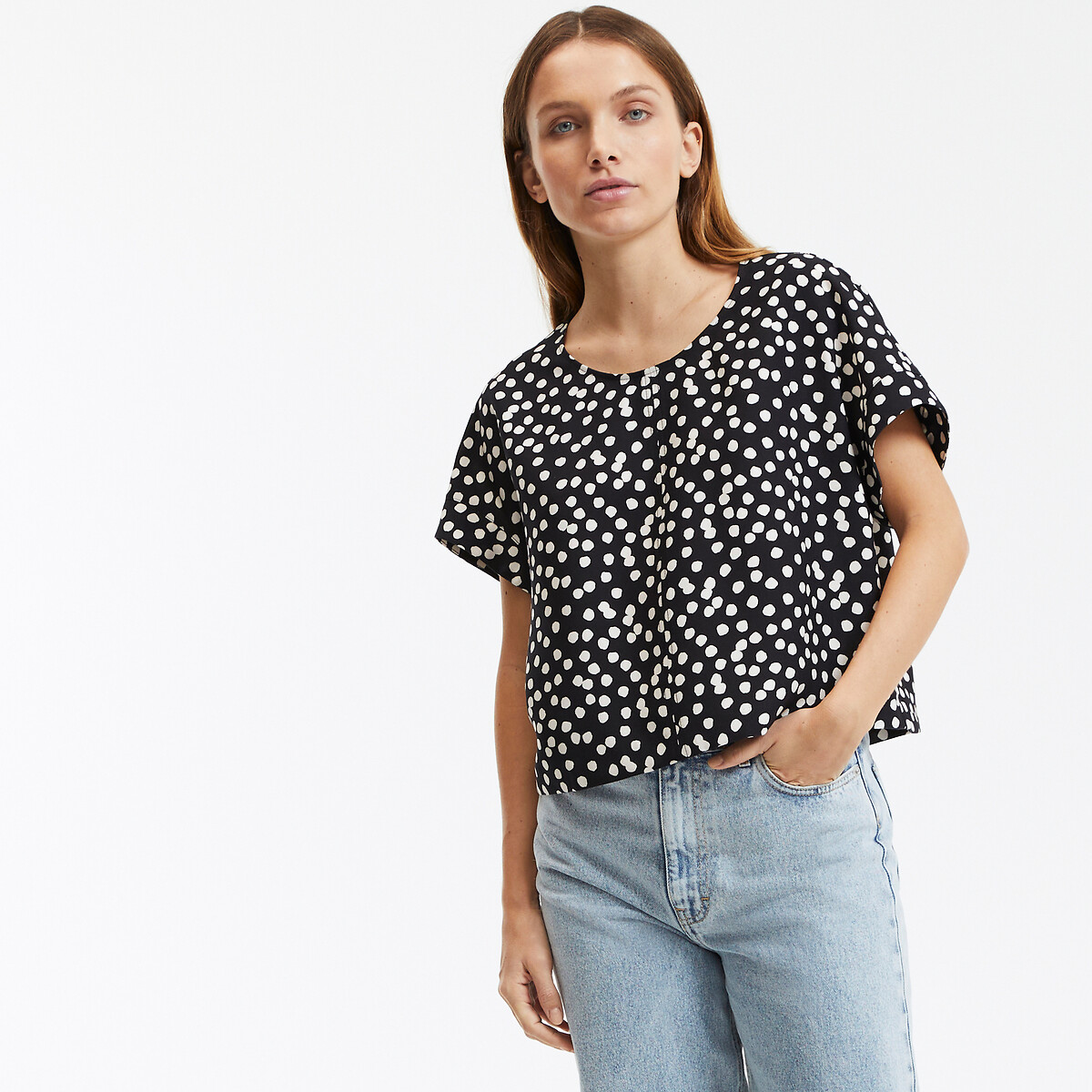 COLEÇÃO LA REDOUTE<br>Blusa curta com estampa de bolinhas, gola redonda e mangas curtas