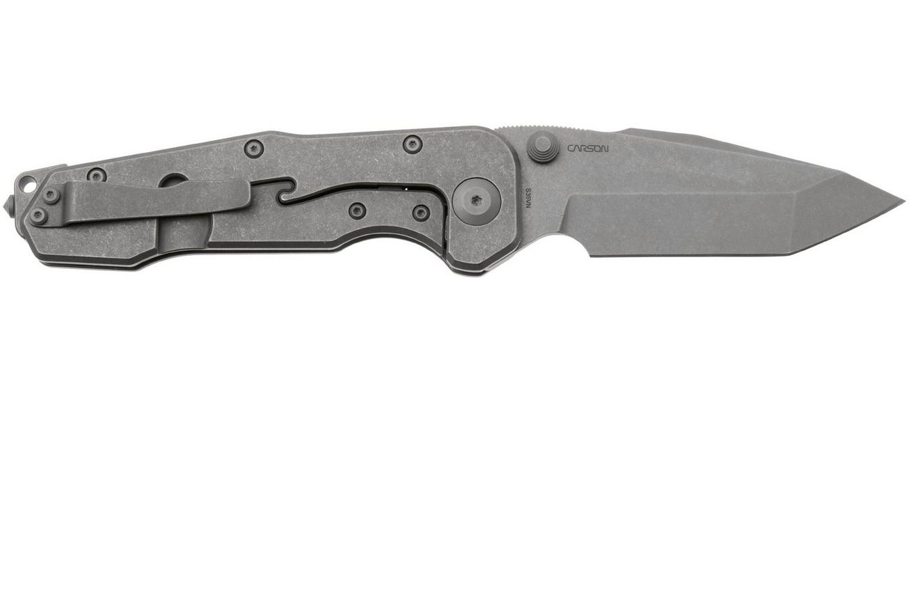 Real Steel Evolution 9912 Frame Lock & Button Unlocking Heavy Duty Tactical Knife, Stonewashed Tanto S35VN, Titanium, zakmes
