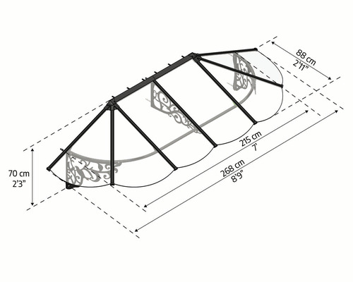 PALRAM-Canopia luifel Lily XL 268x88x70 cm aluminium zwart dakbedekking polycarbonaat helder