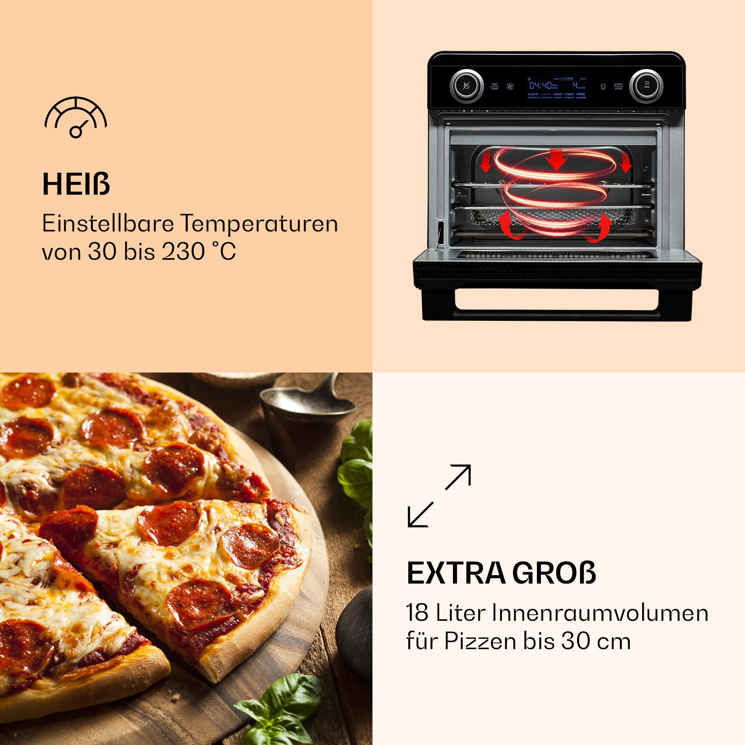 AeroVital Jumbo 3-in-1 Heißluftfritteuse Toaster Dörrautomat 1550 W 18 Liter