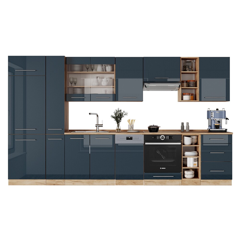 Vicco Küchenzeile Fame-Line Eiche Dunkelblau Hochglanz 355 cm mit Arbeitsplatte Anthrazit