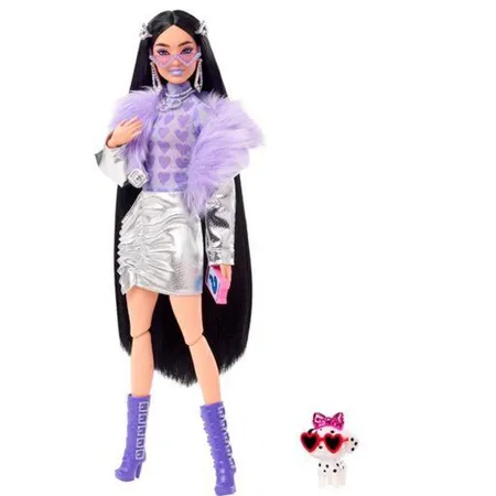 Barbie Extra Puppe mit lila Flausch-Kragen & Stiefel (schwarze Haare)