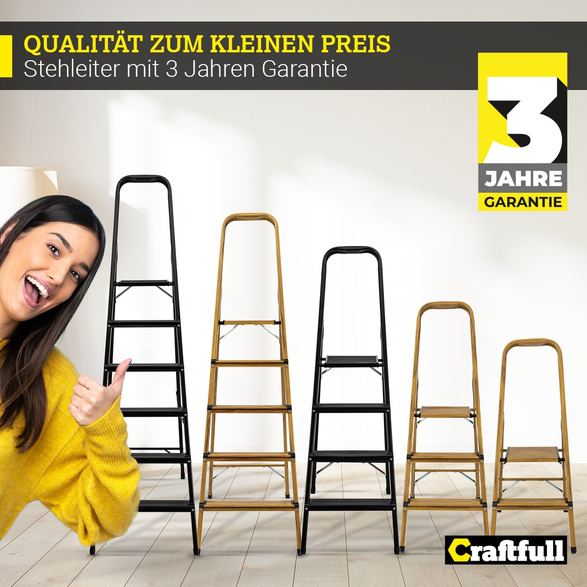 Craftfull Stehleiter CF-133A, Aluminium-Haushaltsleiter, 2-6 Stufen, gummierte Standfüße, bis 150 kg (2 Stufen Holz Edition)