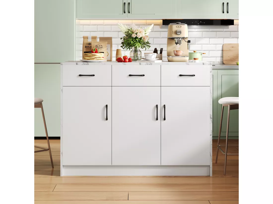 Ilot central de cuisine avec 3 portes et 3 tiroirs - 112 x 60 x 90.5 cm - Plateau en effet marbre - Bois MDF - Blanc