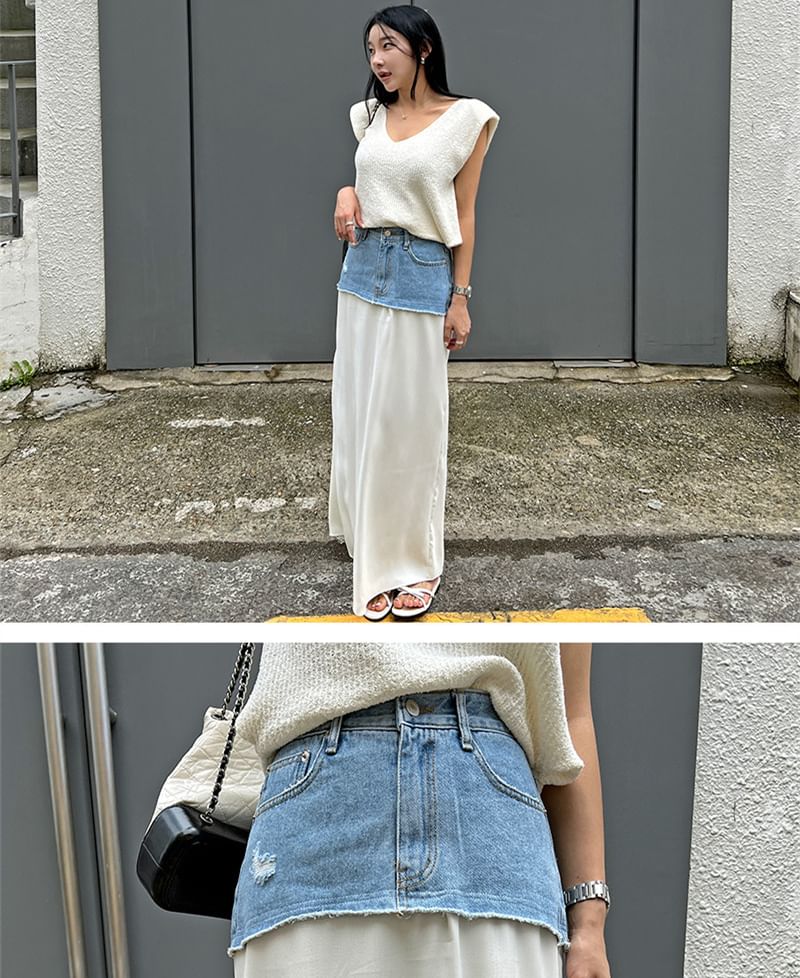 Jesong - Maxi-kokerrok met hoge taille en distressed gewassen denim panelen