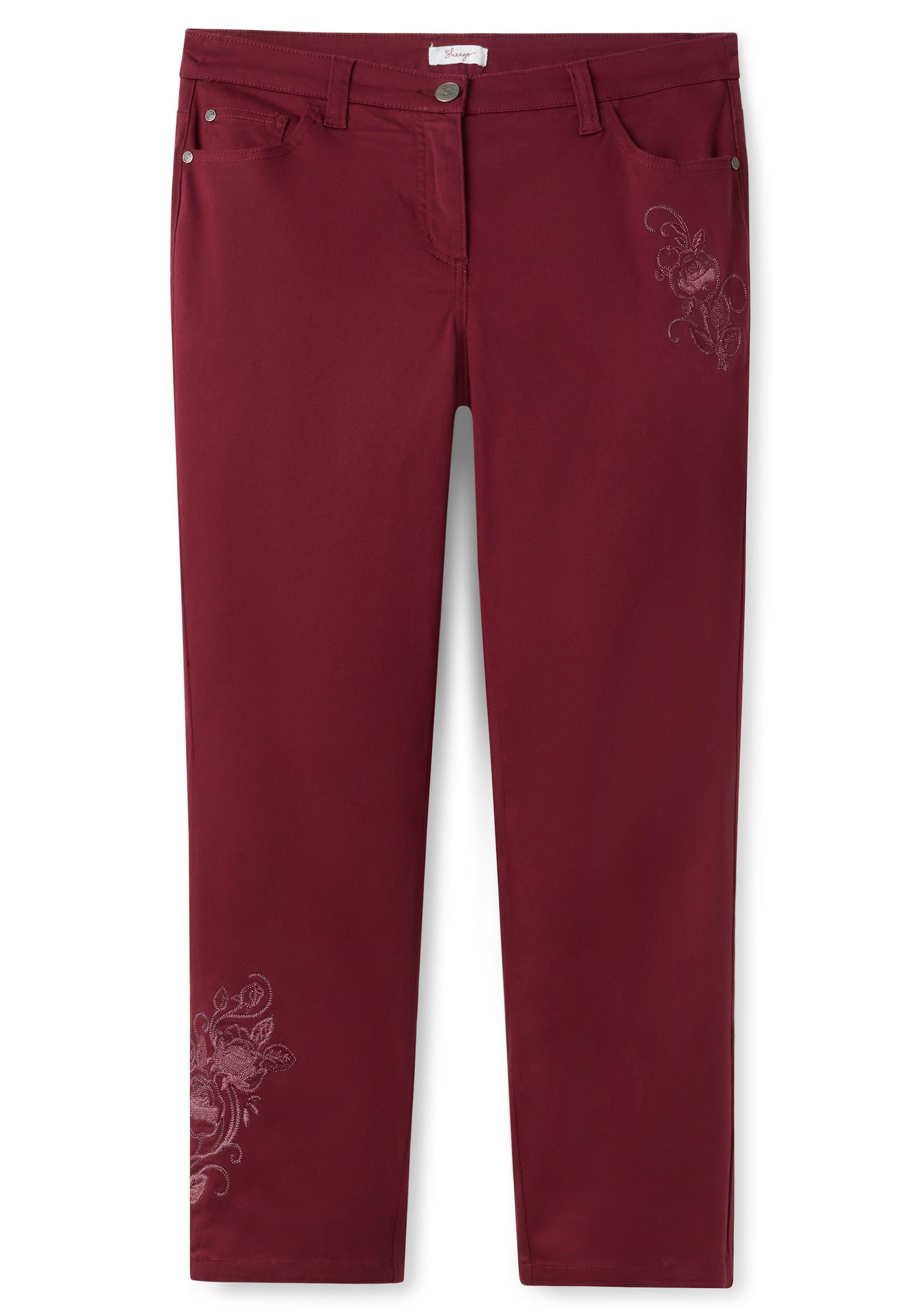 Gerade Twillhose mit dezenter Blumenstickerei