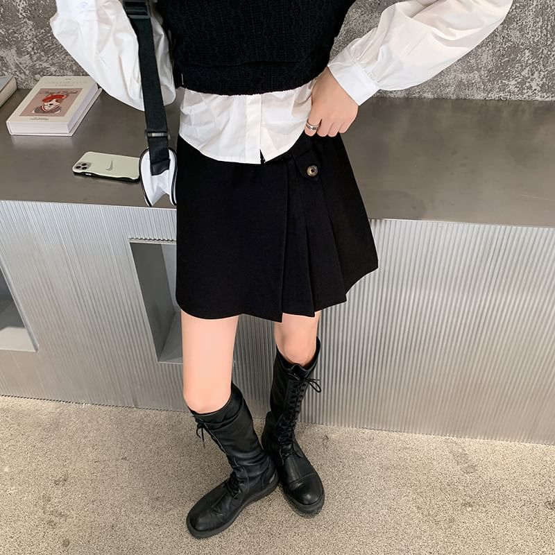 Dragan Pulse - Hoge taille effen asymmetrische geplooide mini A-lijn skort