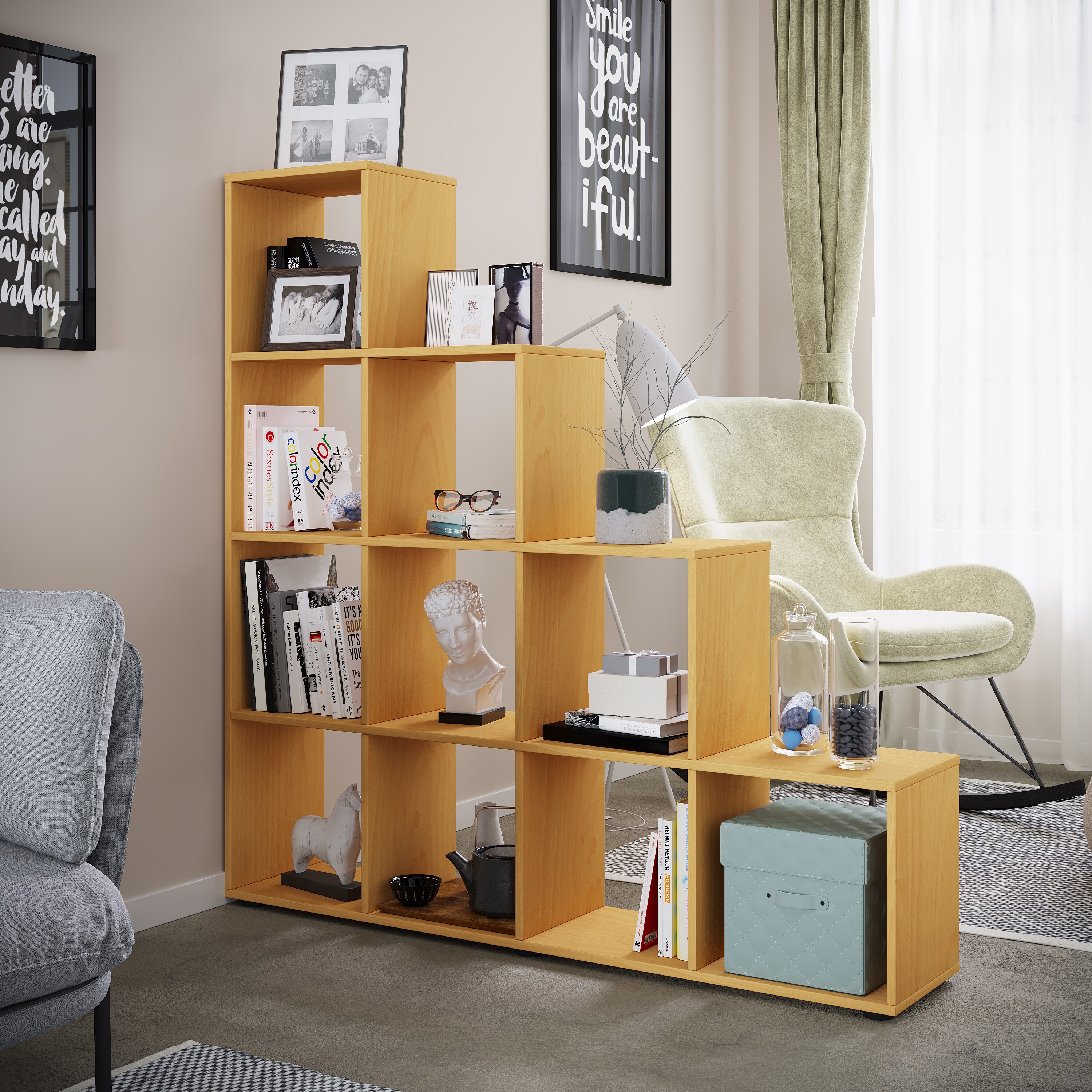 VCM Holz Treppenregal Stufenregal Würfel Standregal Raumteiler 10 Fächer Napoli