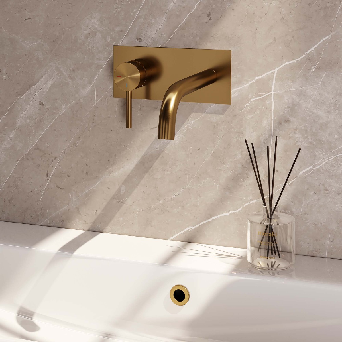 Brauer Gold Edition ColdStart wastafelkraan inbouw gebogen uitloop met achterplaat model A2 geborsteld messing PVD