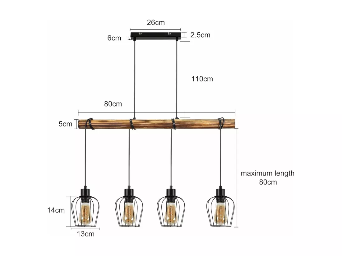 NETTLIFE Suspension rétro lampe à suspension vintage en bois industriel noir E27