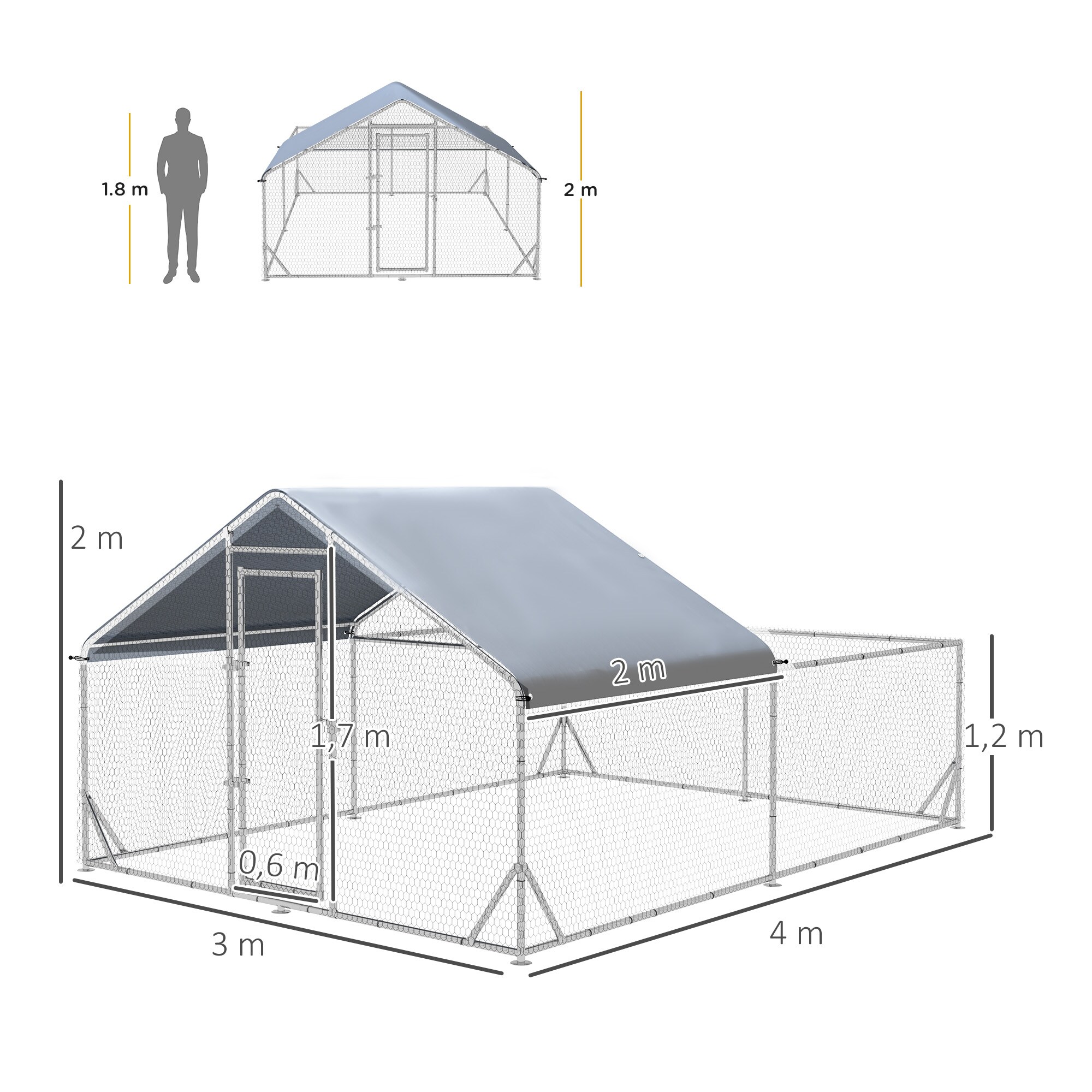PawHut Zwerghühnerstall mit Sonnenschutzdach silber 400L x 300B x 195H cm