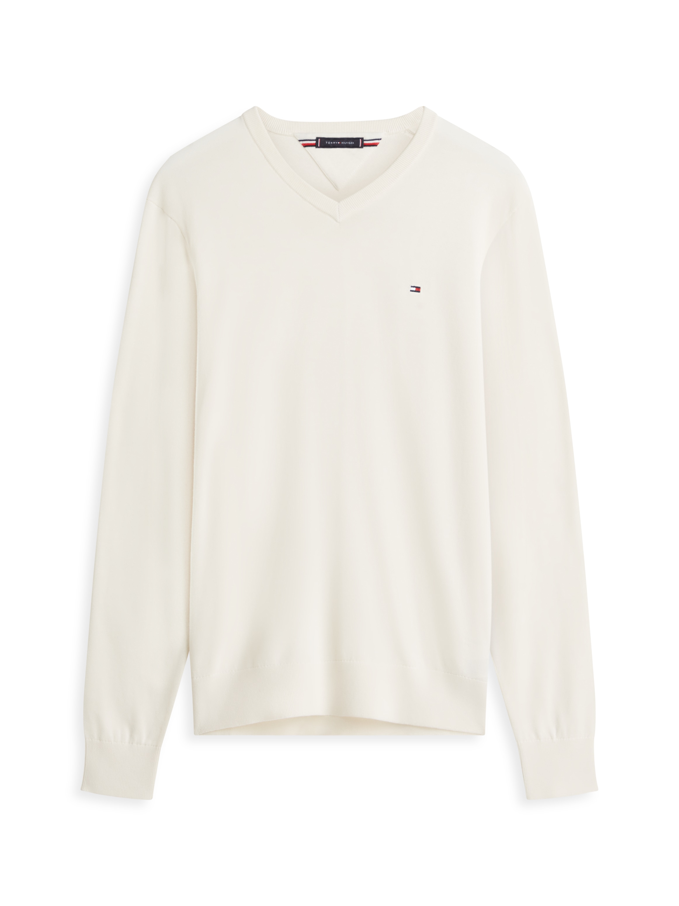 Tommy Hilfiger Strickpullover »ESSENTIAL COTTON V NECK mit V-Ausschnitt und Stickerei«, unifarben, casual, regular fit, Baumwolle, V-Ausschnitt