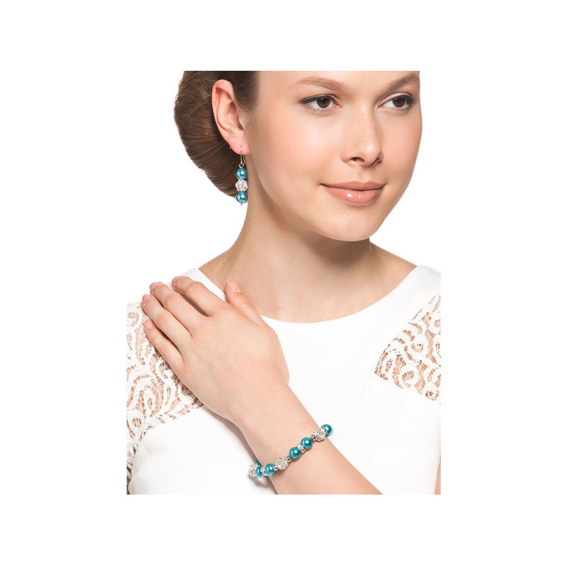 Parure Bracelet et Boucles d'oreilles Perles Bleues, Cristal et Plaqué Rhodium
