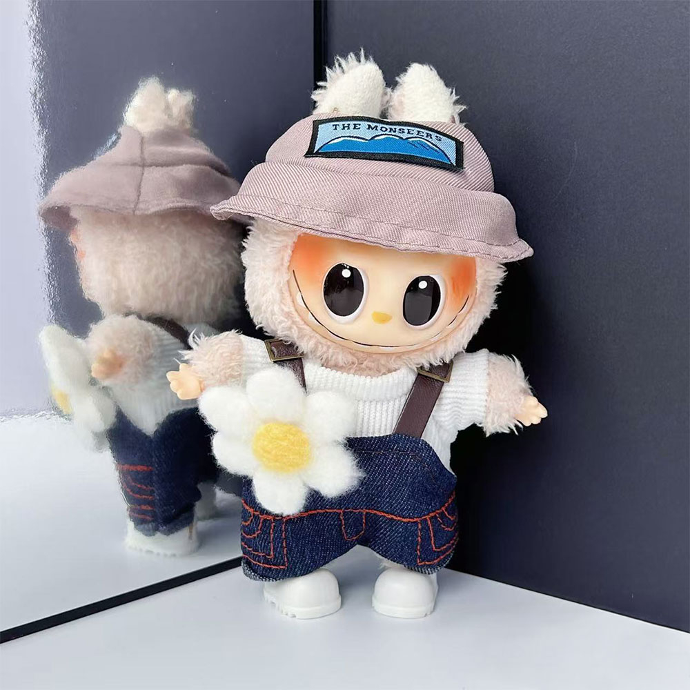 (3-tlg. Set) Monsterhäschen Denim Blumen Overall Puppen Zubehör Latzhose Outfit Verkleidungs Accessoire inkl. T-Shirt / Mütze - Blau / Rosa