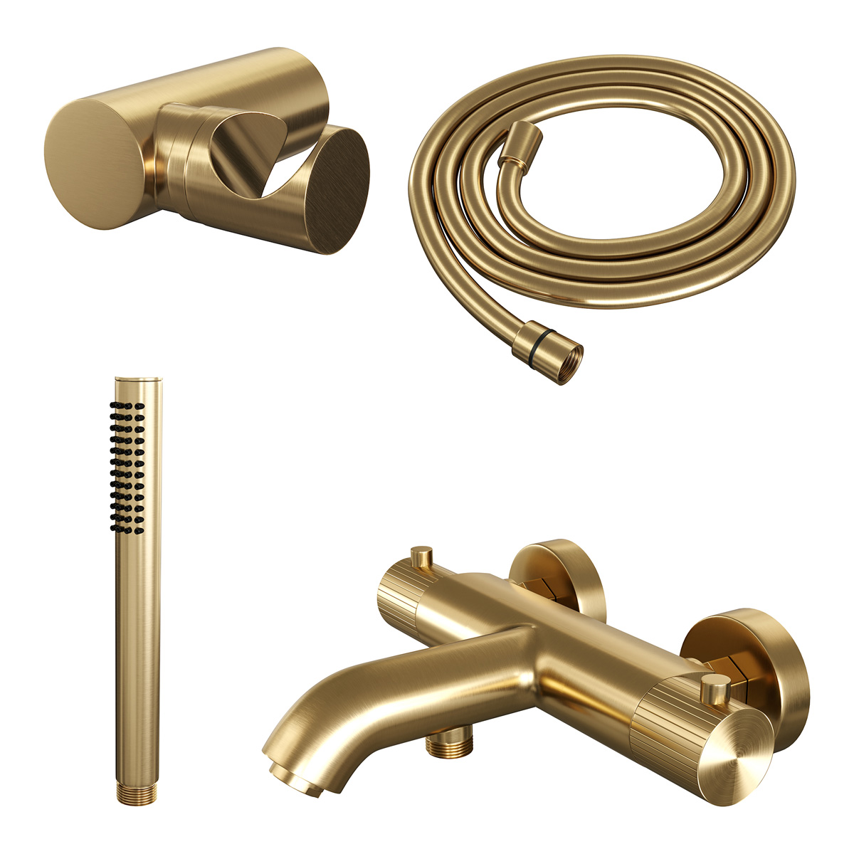 Brauer Stripe thermostatische badkraan met wandhouder en staafhanddouche messing geborsteld PVD