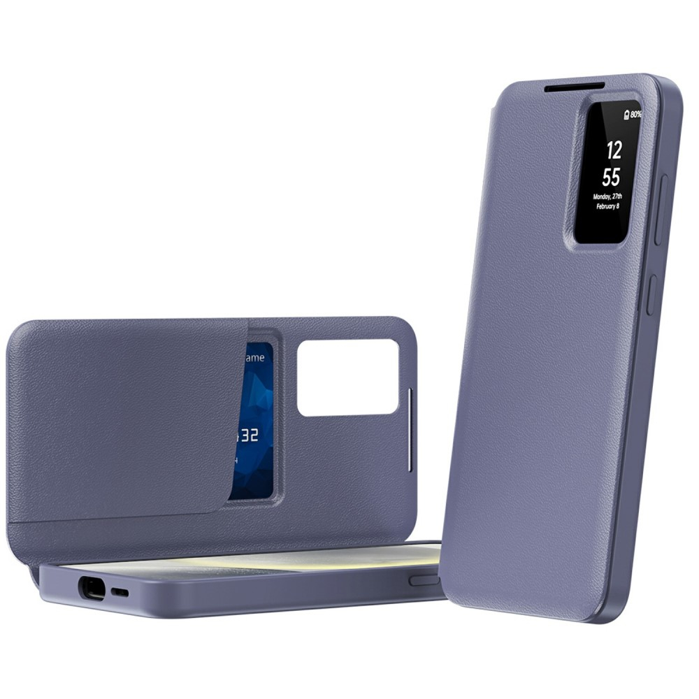 Samsung Galaxy A56 Leder Hülle Small Window View Flip Case Litchi Look - Lila / Grau
