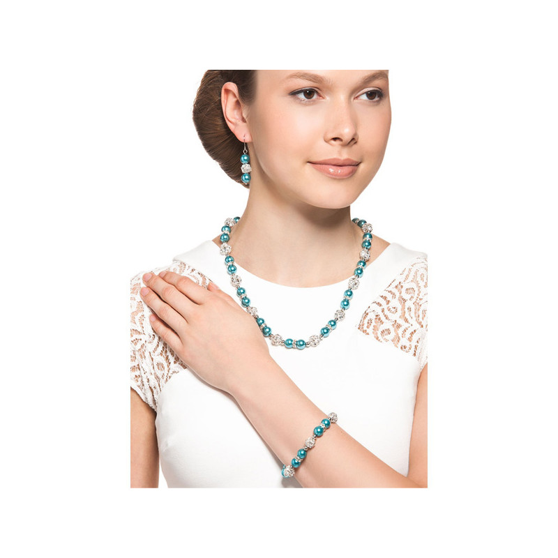 Parure Collier, Bracelet et Boucles d'oreilles Perles Bleues, Cristal et Plaqué Rhodium