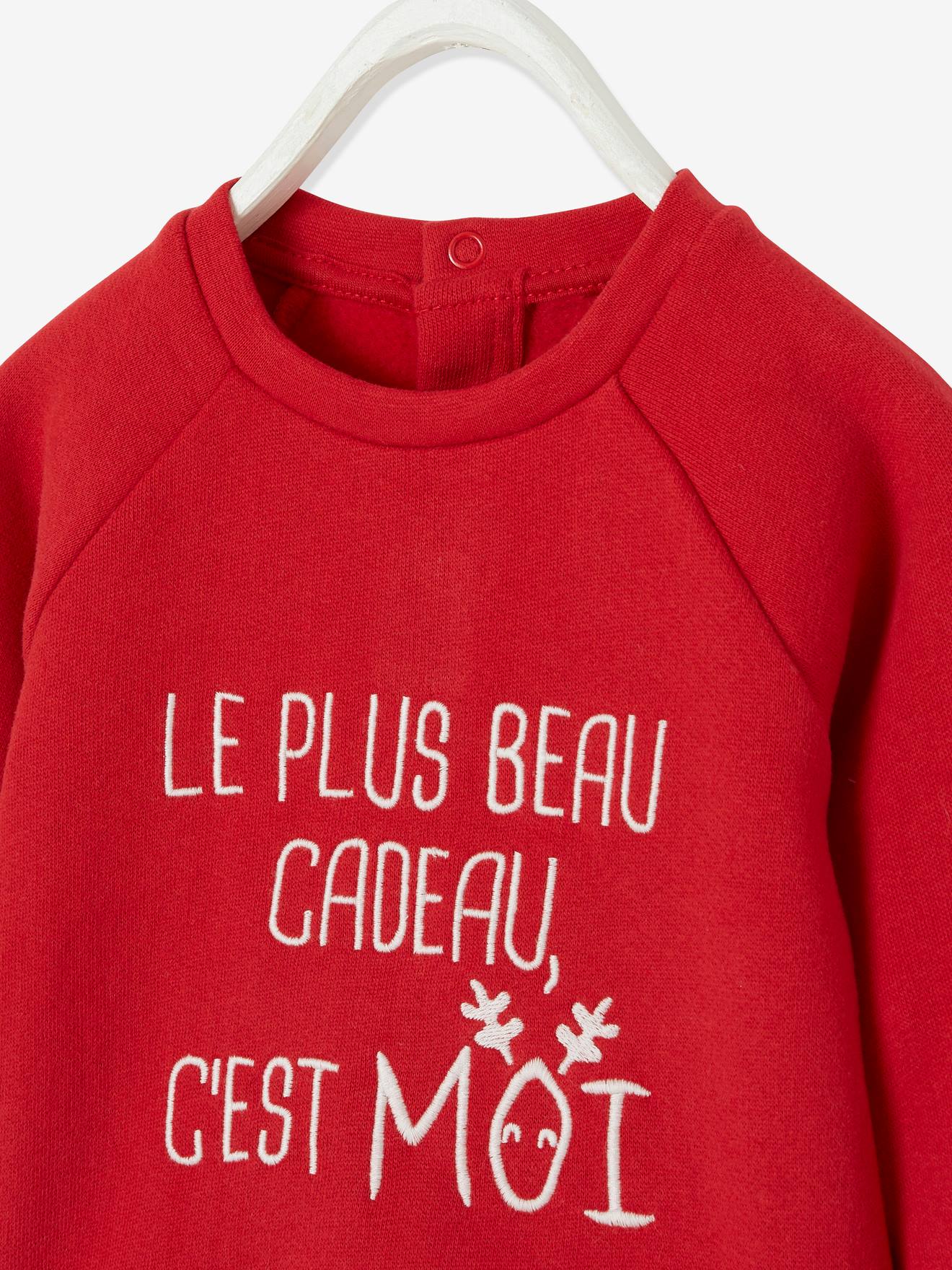 Moletom natalino com mensagem, para bebê menino, vermelho escuro liso com estampas.