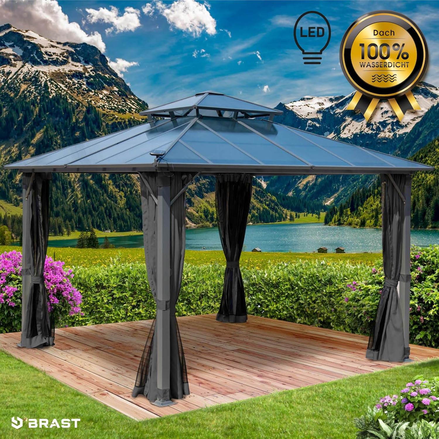 BRAST® Pavillon Aluminium Pagode 3,5x3,5m | viele Modelle & Farben | inkl. Moskitonetz + LED | festes Dach | wasserdicht | stabil | UV-Schutz | Dunkelgrau