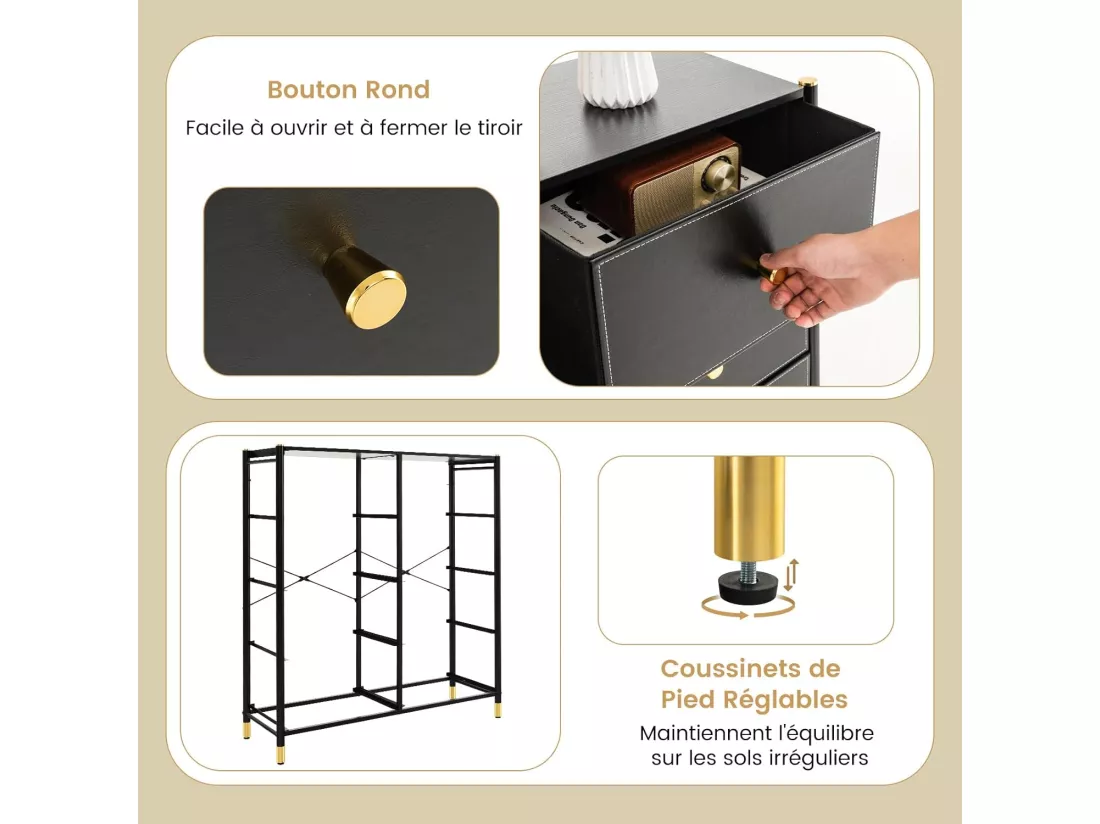 Commode Chambre, Commode Chambre Adulte 8 Tiroirs en Cuir PU et Tissu Pliable, Cadre en Métal, Chiffonnier Moderne avec Poignée Doré, Commode Rangement pour Salon, Entrée, Noir (8 Tiroirs)