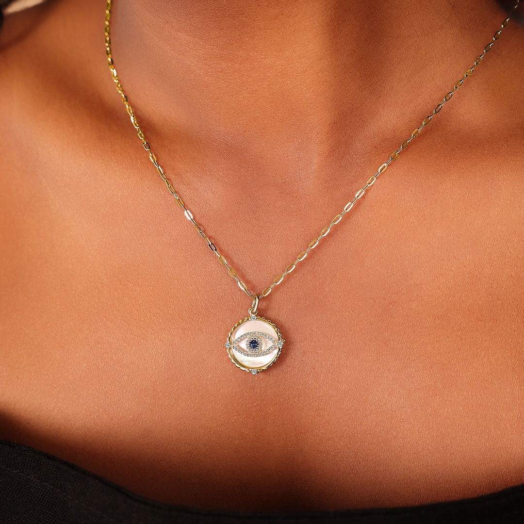 Collier mit Anhänger 750/18 K Gelbgold Evil Eye mit Saphir & Diamanten 0.15 ct H/si
