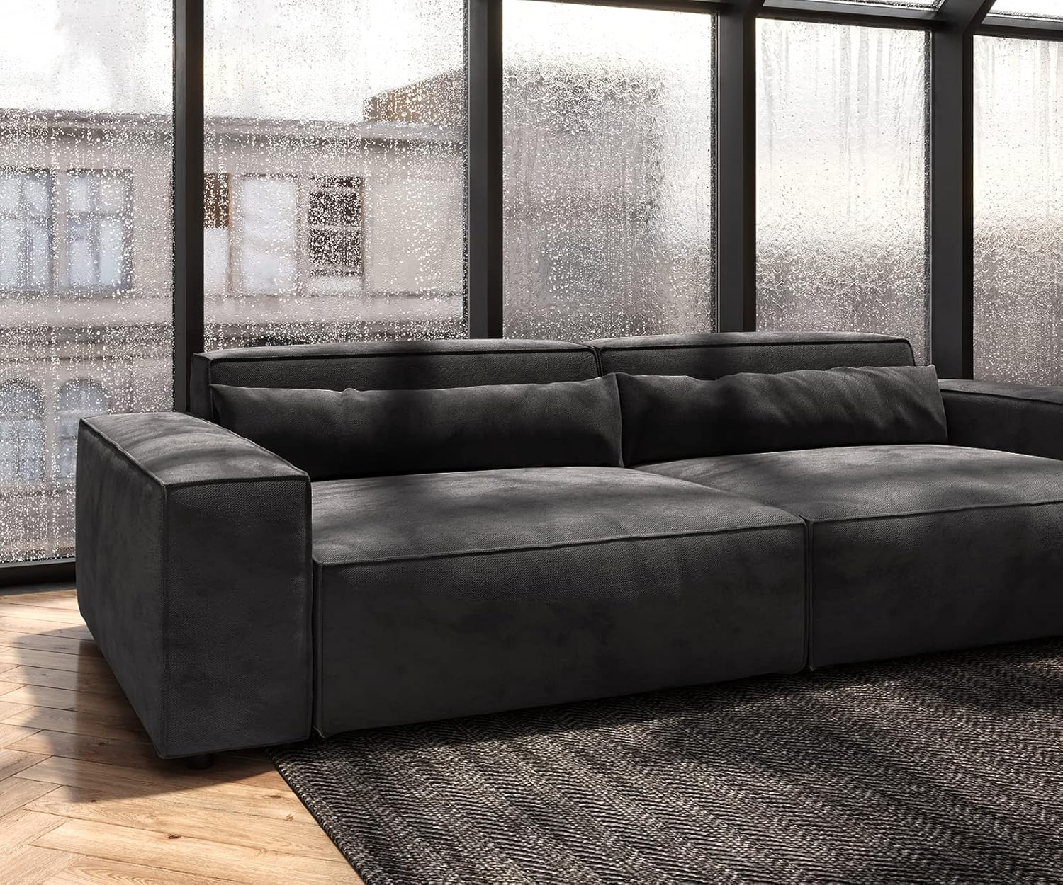 DELIFE Big-Sofa Sirpio XL Mikrofaser Schwarz 270x130 cm mit Hocker