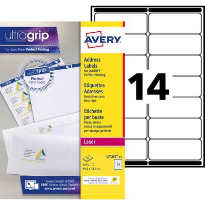 Avery - 210 Étiquettes adresse blanches - 99,1 x 38,1 mm - Impression laser - réf L7163-15