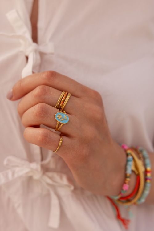 Art blauwe statement ring met bloem